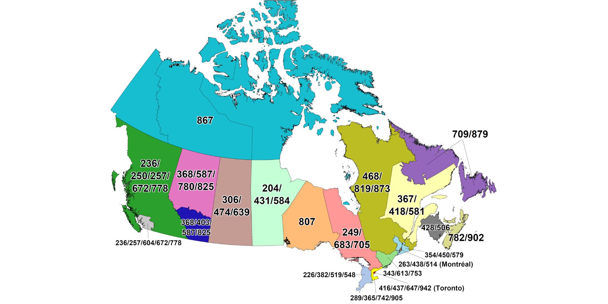 A map of Canadian area codes